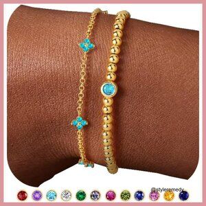 14K-Gold-Plated Dainty Birthstone Bracelets Layered Elastic Beaded CZ Link Set